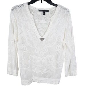 White‎ House Black Market WHBM White Crochet Sheer Top Embellished Size M